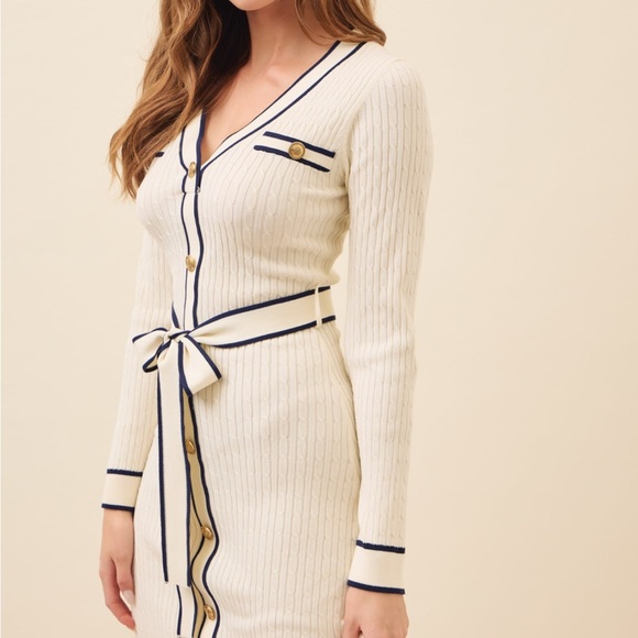 Pointelle Knit V-Neck Midi Ivory Dress - Picture 8 of 16